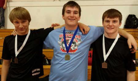 From left, Clear Lake High School wrestlers Tyler Buchholz, Julian Lewis and Isaac Lewis are advancing to the 2015 NCS Championships thanks to their performances at the 2015 CMC League Wrestling Championships on Saturday, February 21, 2015. Photo courtesy of Rick Pyorre. 022115clhswrestlers