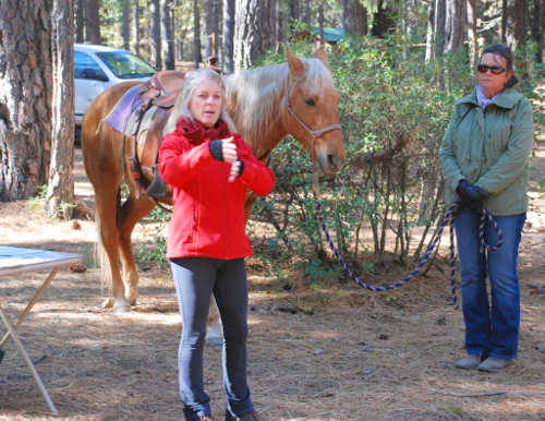 Sarah Reid, trails chair for the California State Horsemen’s Association, provides clues to reading a horse’s body language. In the background, note Virginia Vovchuk’s horse, Shalako, as she cocks her rear leg in a relaxed pose, with head lowered, ears turned to the side, at the “Wag, Walk and Wride” trail etiquette event at Boggs Mountain Demonstration State Forest in Cobb, Calif., on Sunday, October 14, 2013. Photo by David Thiessen. 101313boggwagreid