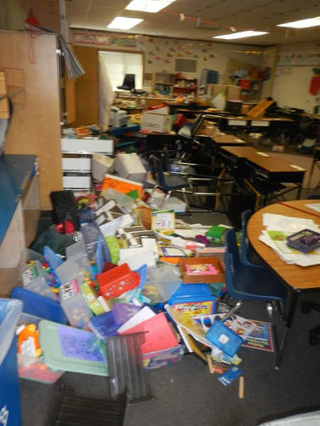 Photos taken at Napa schools after the South Napa Earthquake in Napa, California, in August 2014. Post-earthquake inspection showed light fixtures had fallen from the ceiling, fallen bookcases had blocked exits, and file cabinets and debris had collapsed on desks. aug2014napaquake