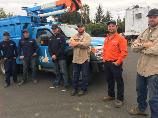 Pacific Gas and Electric employees from the North Coast of California left for Florida on Friday, September 8, 2017, to assist with restoring power for Floridians impacted by Hurricane Irma. Pictured from left to right are Alan Redner of McKinleyville, Calif.; Dustin Trimble and Irvin McCallum of Ukiah, Calif.; Foreman Eric Stockley of Willits, Calif.; and Eureka, Calif., residents John Brandenburg and Foreman Chris Hunt. Not pictured are Erik Morring of Kelseyville, Calif., and Manual Adams of Lakeport, Calif. Photo by Deanna Contreras/PG&E. PG&E electric crews head to Florida in Advance of Hurricane Irma